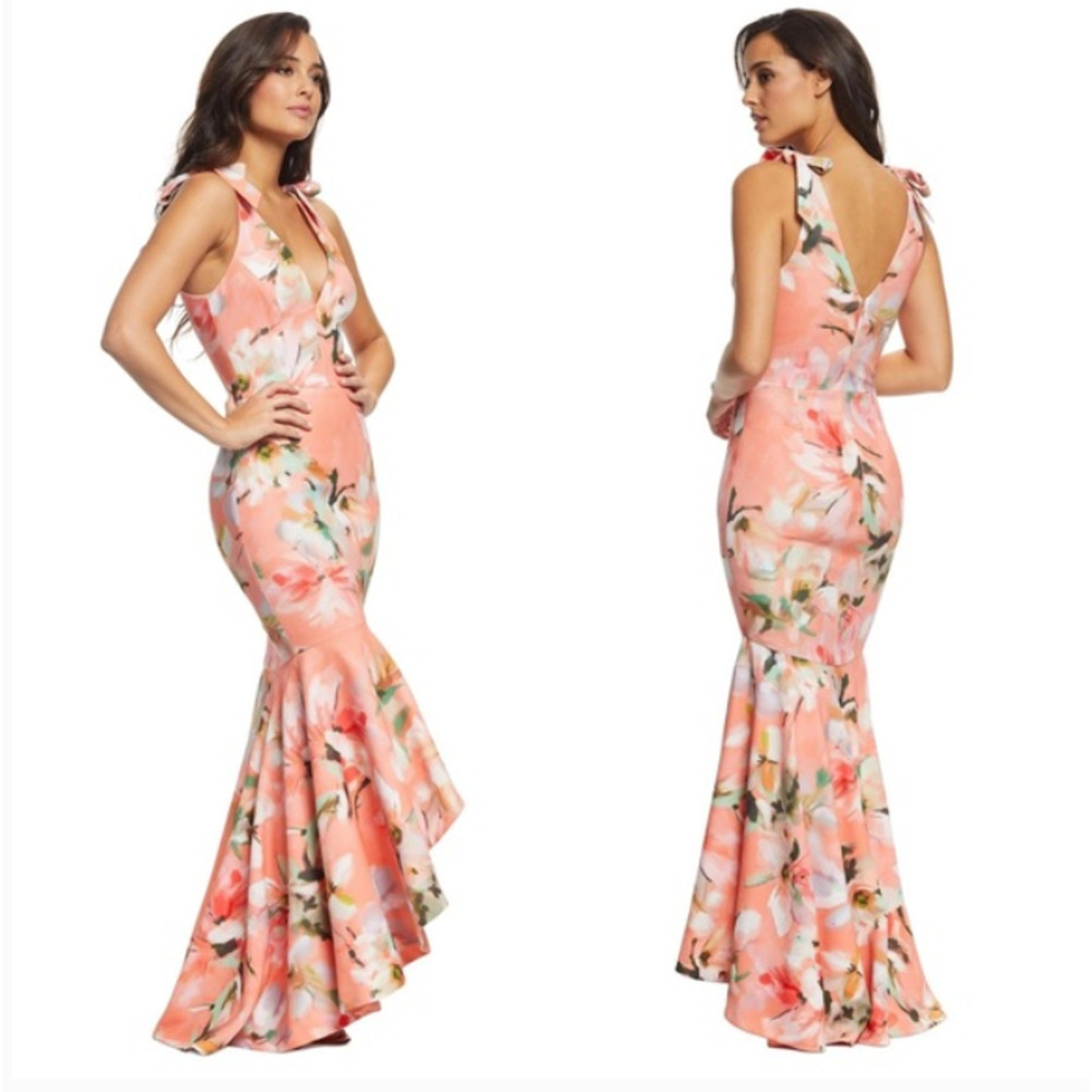 Dress The Population Julia Dress Women's M Coral Peach Sleeveless V Neck Peplum